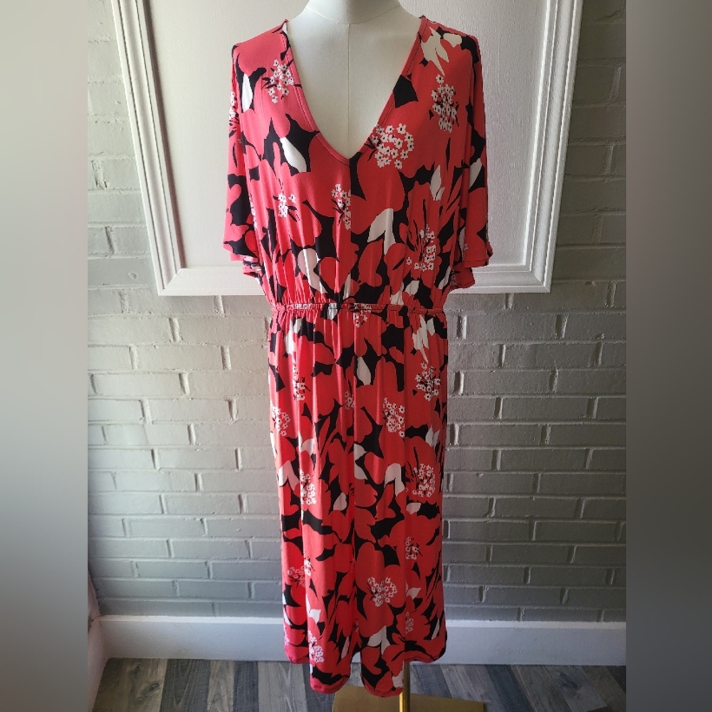 Lane Bryant Red and Black Floral Midi Dress With Pockets